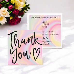 Modern thank you script order holographic square business card
