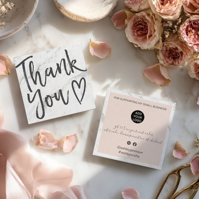 Modern thank you script order marble blush pink square business card (Modern thank you script order marble blush pink square business card)