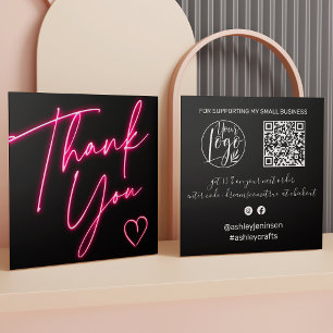 Modern thank you script order neon pink Qr code Square Business Card