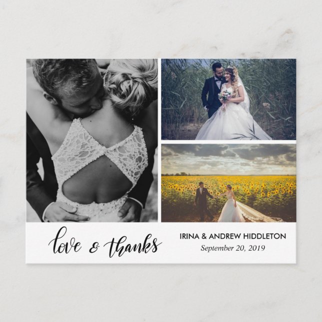 Modern Thank You Script Three Wedding Photos Postcard (Front)