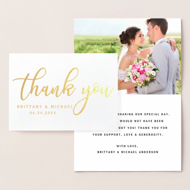 Modern Thank You Wedding Couple Photo Gold B Foil Card (Display)