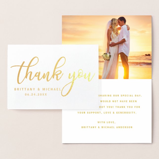 Modern Thank You Wedding Couple Photo Gold Foil Card (Display)