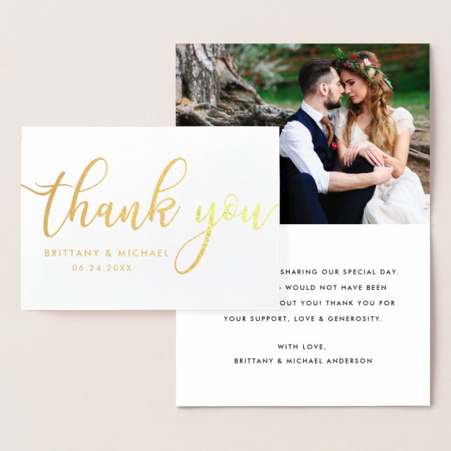 Modern Thank You Wedding Couple Photo Gold Foil Card (Display)