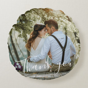 Modern Thank You Wedding Photo Round Cushion