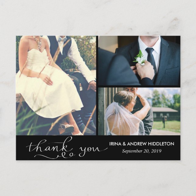 Modern Thank You White Script Three Wedding Photos Postcard (Front)