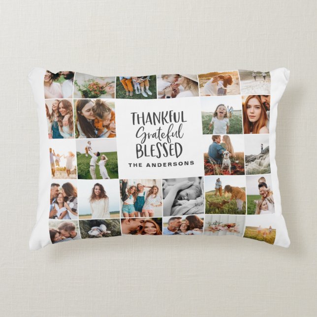Modern thankful blessed multi photo script elegant decorative cushion (Front)