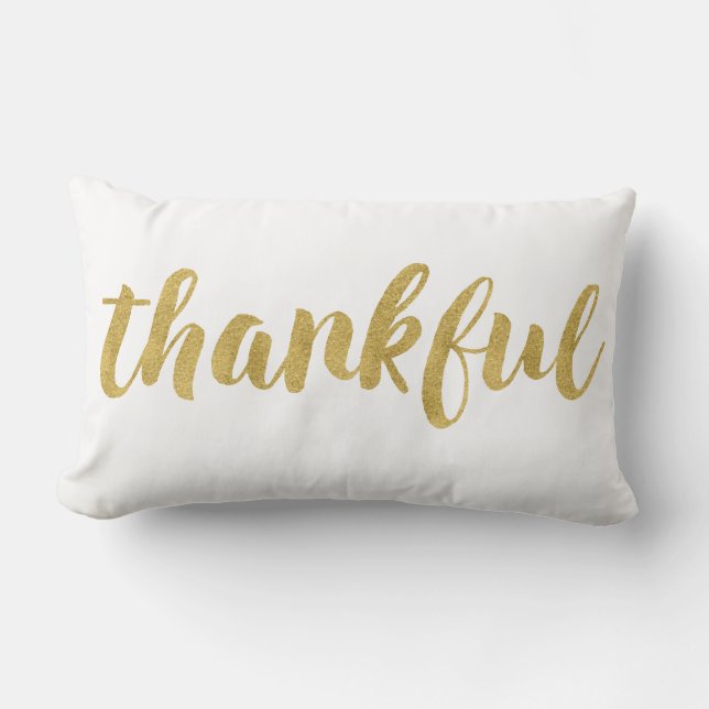 Modern Thankful In Gold Thanksgiving Decorative Lumbar Cushion (Front)