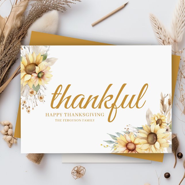 Modern Thankful Minimal Chic Happy Thanksgiving Holiday Card (elegant thankful watercolor flowers autumn fall thanksgiving cards with personalized message)
