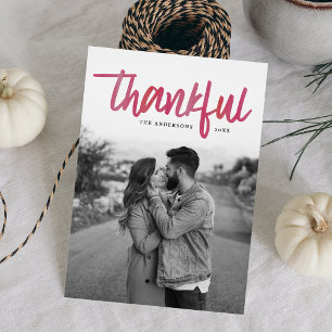 Modern Thankful Raspberry Watercolor Script Photo Holiday Card