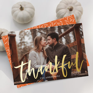 Modern Thankful Script Orange Photo Thanksgiving