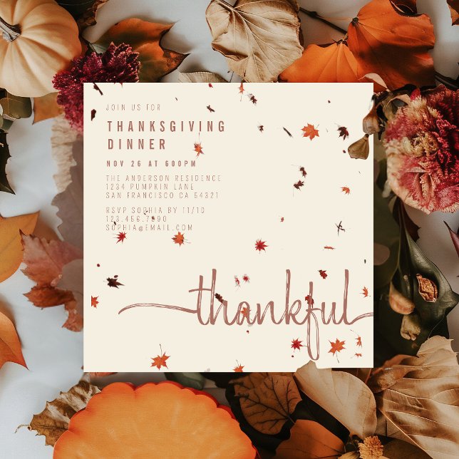 Modern Thankful Thanksgiving Dinner Script Leaves Invitation (Creator Uploaded)
