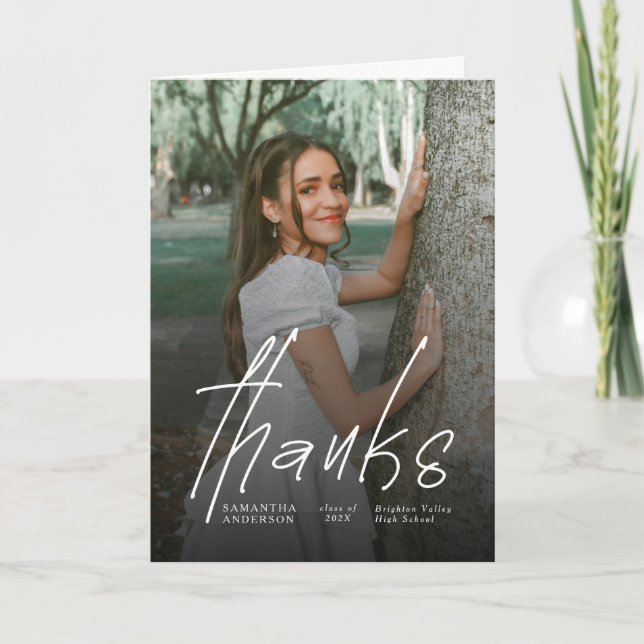 Modern Thanks Script Simple Photo Graduation  Thank You Card (Front)