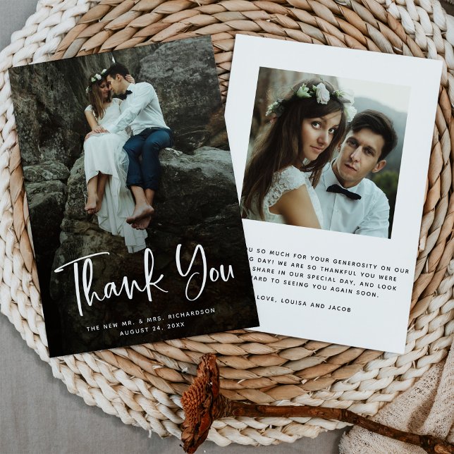 Modern Thanks | White Script and Wedding Photo Thank You Card (Creator Uploaded)