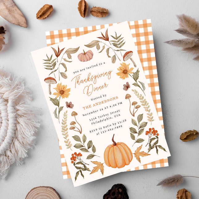 Modern Thanksgiving Dinner Pumpkin & Autumn Leaves Invitation (Creator Uploaded)