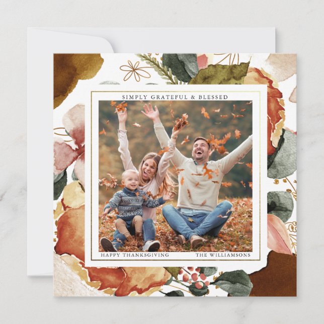 Modern Thanksgiving Elegant Floral Photo Greeting  Holiday Card (Front)