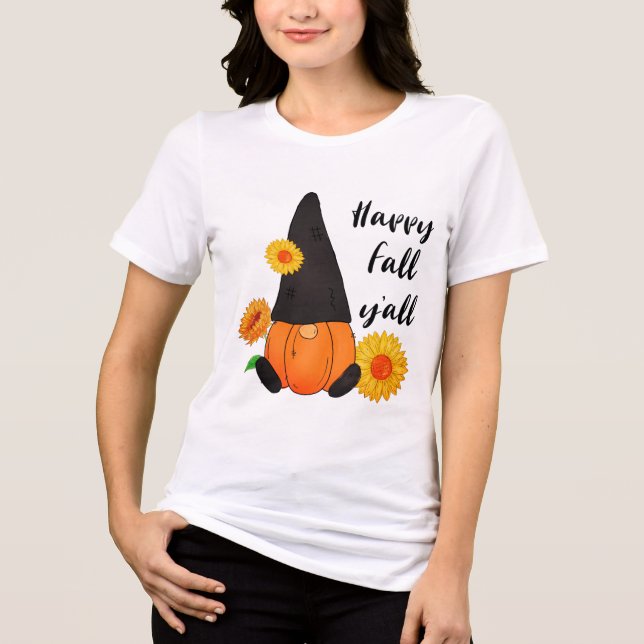 Modern Thanksgiving Fall Pumpkin Gnome Tri-Blend Shirt (Front)