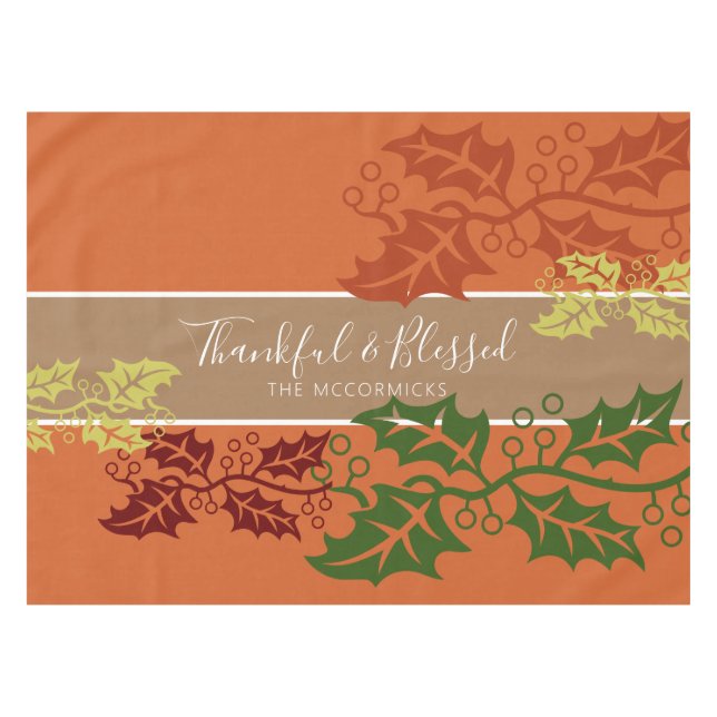 Modern Thanksgiving Thankful Blessed Family Custom Tablecloth (Front (Horizontal))