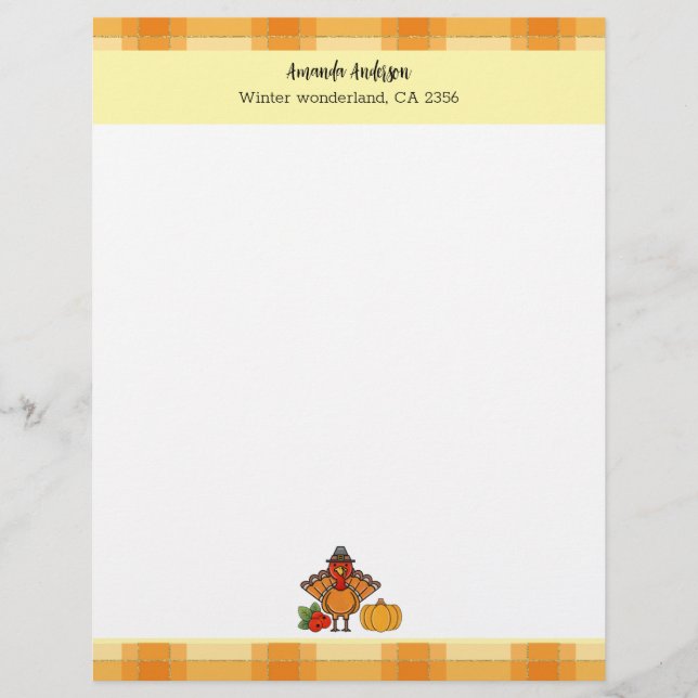 Modern Thanksgiving Turkey Pumpkin Orange Gingham  Custom Letterhead (Front)