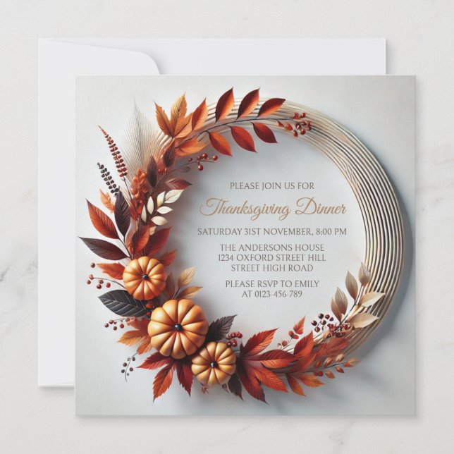 Modern Thanksgiving Wreath Pumpkins Invitation (Front)