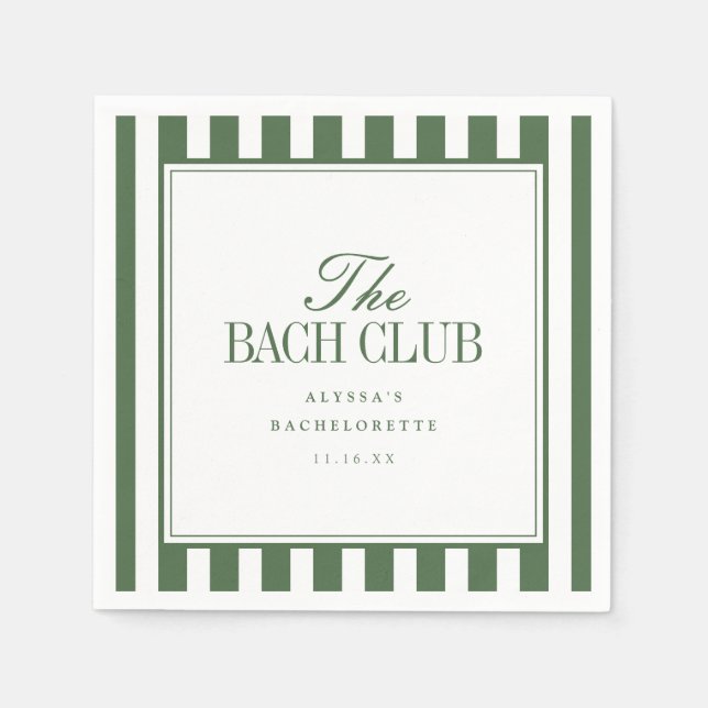 Modern "The Bach Club" Striped Olive Green Script Napkin (Front)