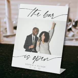 Modern The Bar is Open Calligraphy Script Photo Pedestal Sign