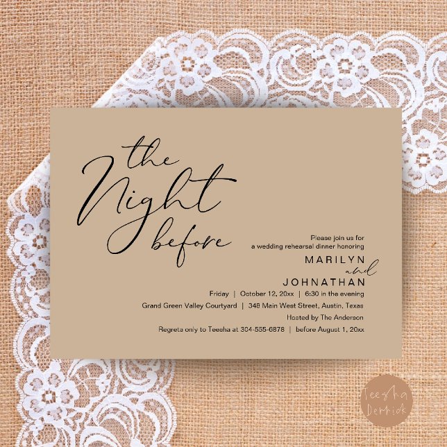 Modern The Night Before Wedding Rehearsal Dinner Invitation (Modern Romantic The Night Before Wedding Rehearsal Dinner Invitation Card in Brown Tan)