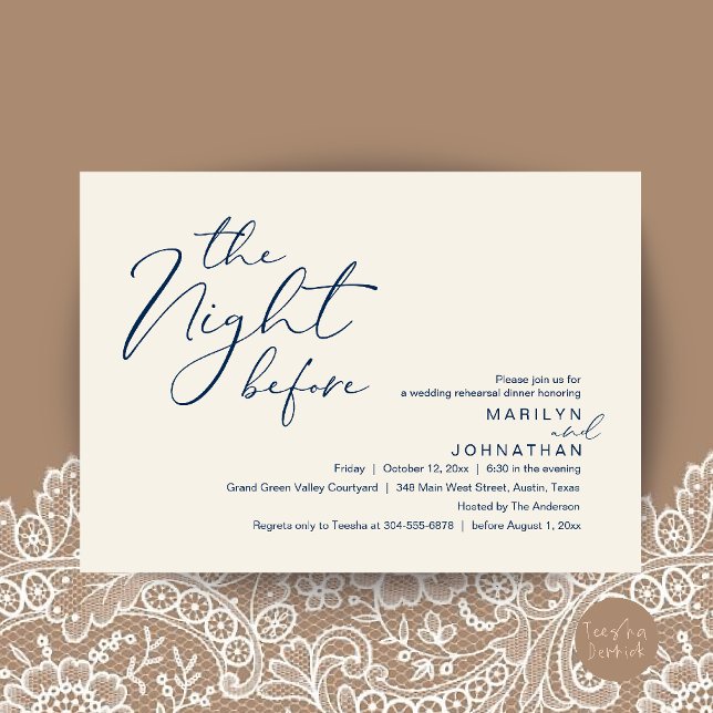Modern The Night Before Wedding Rehearsal Dinner Invitation (Modern Romantic The Night Before Wedding Rehearsal Dinner Invitation Card in Navy Blue Ivory)