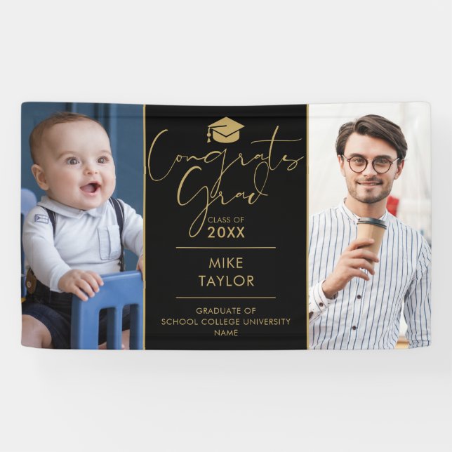 Modern Then And Now 2 Photo Graduation Party Banner (Horizontal)