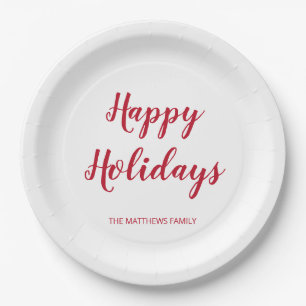 Modern Thick Red Script Happy Holidays Christmas Paper Plate