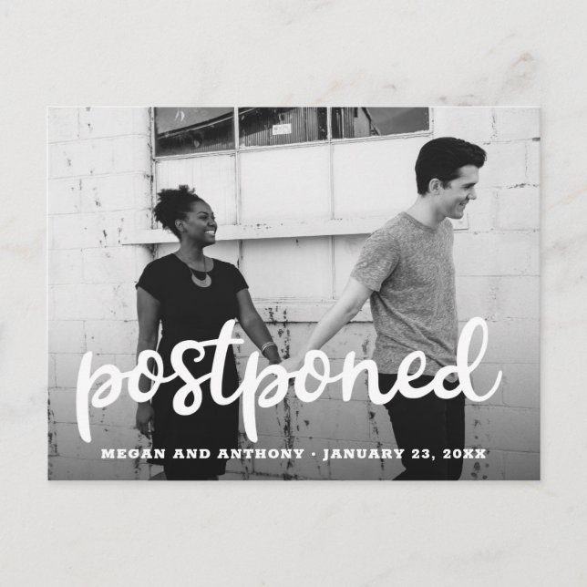 Modern Thick Script Photo Wedding Postponement Announcement Postcard (Front)