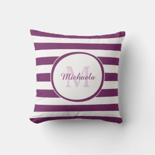 Modern Thick Stripes Monogram and Name in Purple Cushion