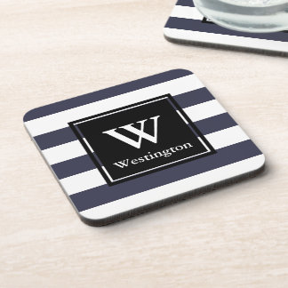 Modern Thick White Stripes Family Name & Initial Coaster