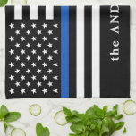 Modern Thin Blue Line Personalised Name Police Tea Towel<br><div class="desc">Thin Blue Line Flag kitchen towel - USA American flag design in Police Flag colours, modern black blue design . Perfect for all police officer's, police mum's and police wife's . Personalise with police officer's name, and or badge number, or family name. This thin blue line towel is perfect for...</div>