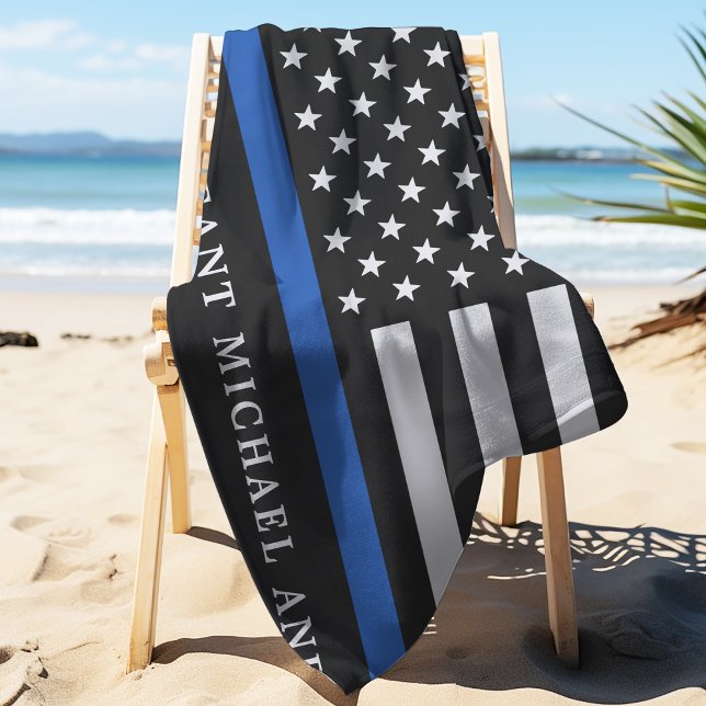 Modern Thin Blue Line Personalised Police Officer Beach Towel (Creator Uploaded)