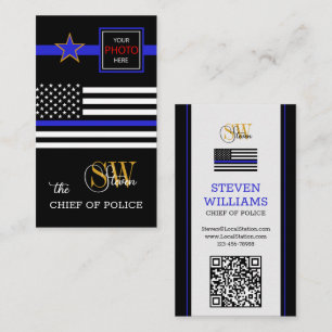 Modern Thin Blue Line & QR Code, Photo / Monogram Business Card