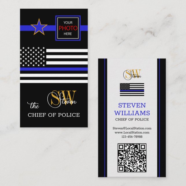 Modern Thin Blue Line & QR Code, Photo / Monogram Business Card (Front/Back)