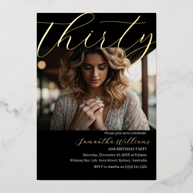 Modern Thirty Black Photo 30th birthday invitation (Front)