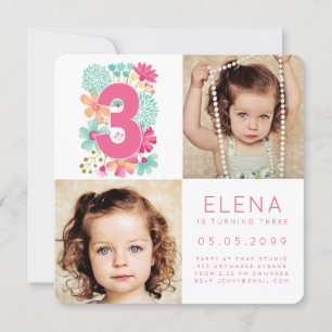 Modern THREE 3rd Birthday Girls Photo Card