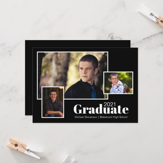 Modern Three Photo Black Graduation Party Invitation (Front/Back In Situ)