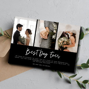 Modern Three Photo Black White Wedding Thank You Card