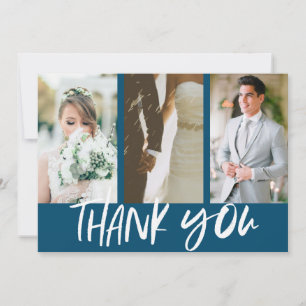 Modern Three Photo Blue Wedding Thank You Card