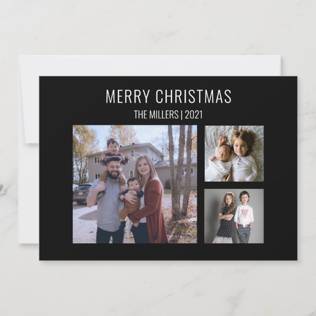 Modern Three Photo Christmas Card - Black (Front)