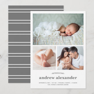 Modern Three Photo Collage Birth Announcement