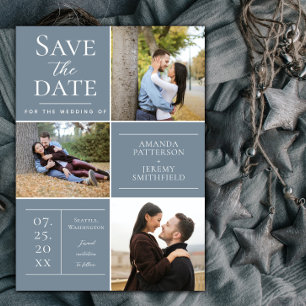Modern Three Photo Collage Dusty Blue Save The Date