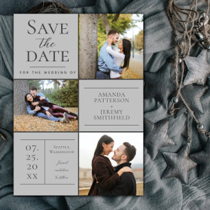 Modern Three Photo Collage Grey Save the Date
