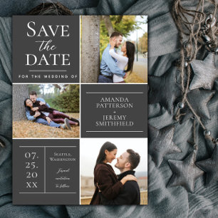 Modern Three Photo Collage Grey Save the Date