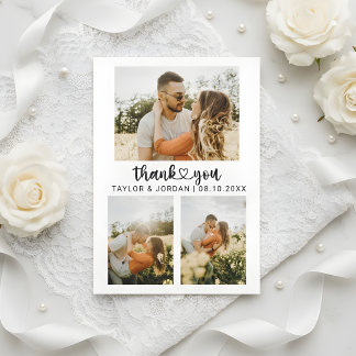 Modern Three Photo Collage Heart Script Wedding Thank You Card