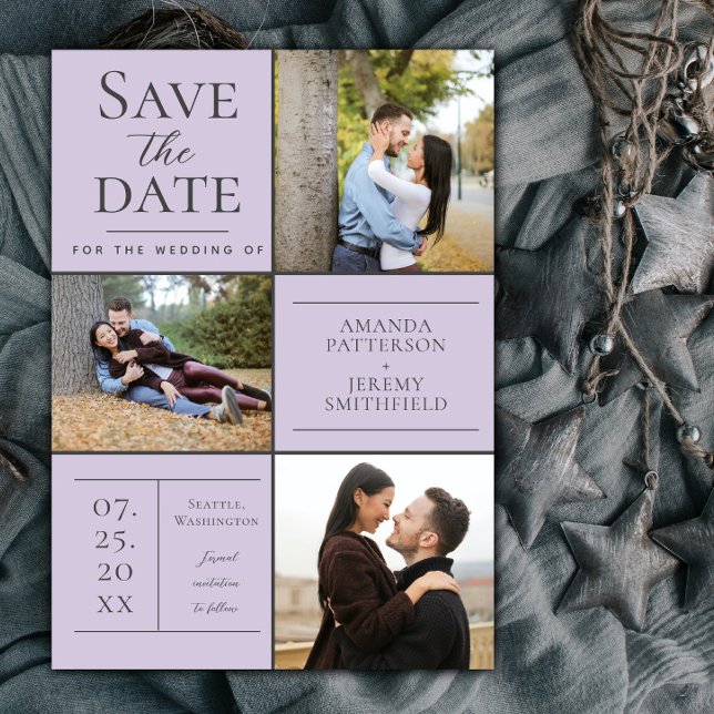 Modern Three Photo Collage | Lavender Save The Date (Lavender Modern Three Photo Collage Save the Date)