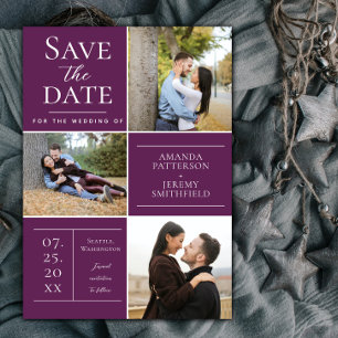 Modern Three Photo Collage Magenta Save The Date