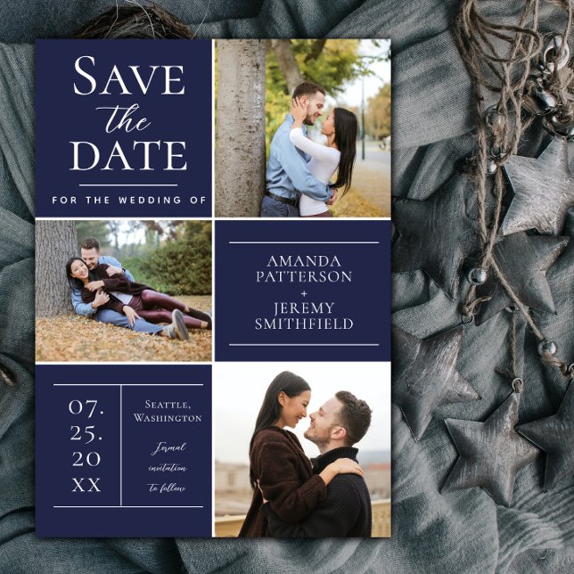 Modern Three Photo Collage | Navy Blue Save The Date (Navy Modern Three Photo Collage Save the Date)